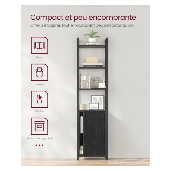 Bibliothèque 6 Niveaux Placard Noir Boisé Rustique Meuble Rangement Salon Chambre
