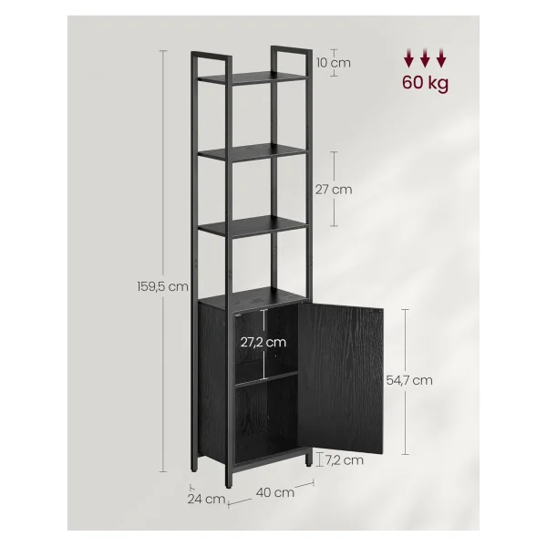 Bibliothèque 6 Niveaux Placard Noir Boisé Rustique Meuble Rangement Salon Chambre