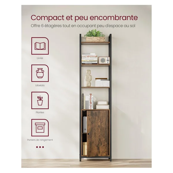 Bibliothèque 6 Niveaux Placard Noir Marron Rustique Meuble Rangement Salon Chambre