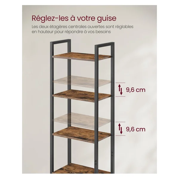 Bibliothèque 6 Niveaux Placard Noir Marron Rustique Meuble Rangement Salon Chambre