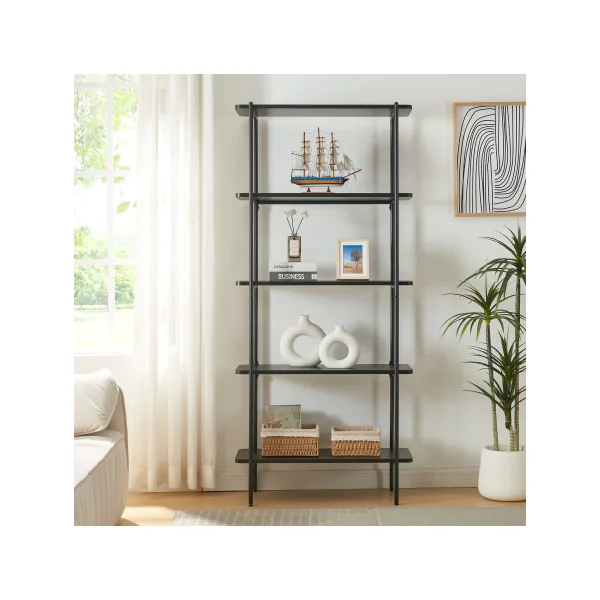 Bibliothèque Acier et Bois Noir Etagère Moderne 5 Niveaux 180 cm