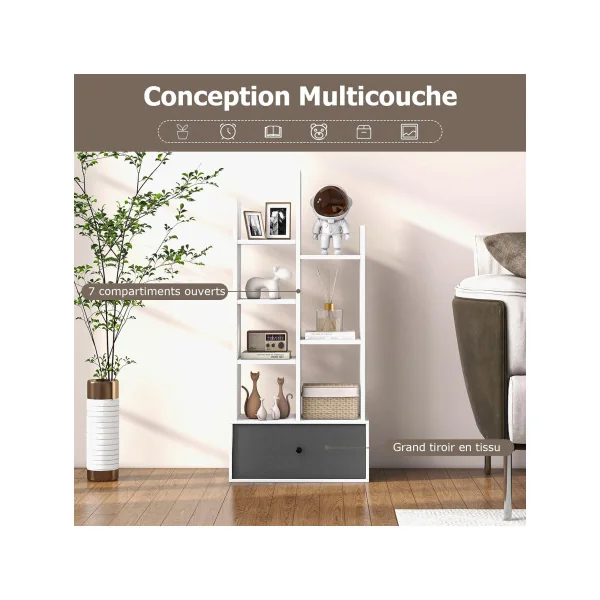 Bibliothèque Blanc 118 cm Meuble Livres 7 Etagères 1 Rangement Design