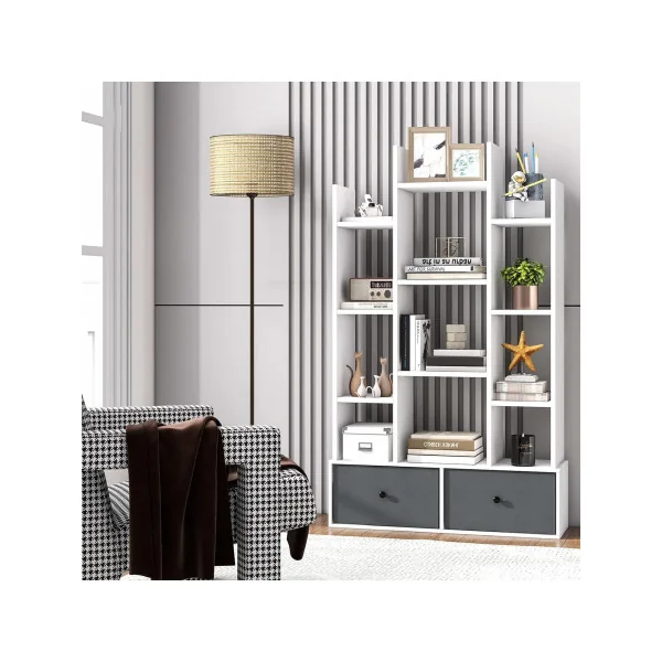 Bibliothèque Blanc 132 cm Meuble Livres 12 Etagères 2 Rangements Design