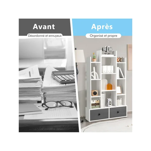 Bibliothèque Blanc 132 cm Meuble Livres 12 Etagères 2 Rangements Design