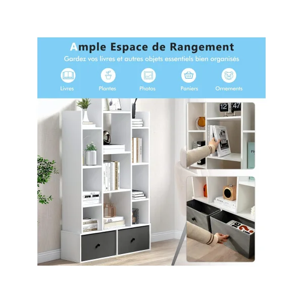 Bibliothèque Blanc 132 cm Meuble Livres 12 Etagères 2 Rangements Design