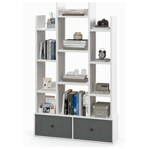 Bibliothèque Blanc 132 cm Meuble Livres 12 Etagères 2 Rangements Design