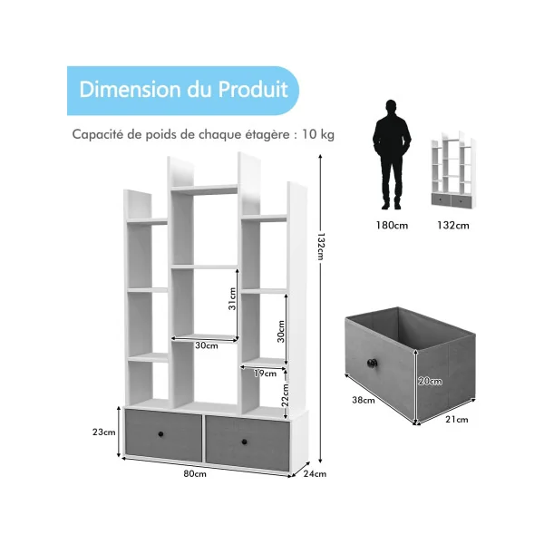 Bibliothèque Blanc 132 cm Meuble Livres 12 Etagères 2 Rangements Design