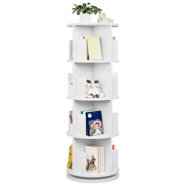 Bibliothèque Blanche Rotative 360° Bibliothèque 4 Niveaux Ronde Meuble Rangement avec Etagères