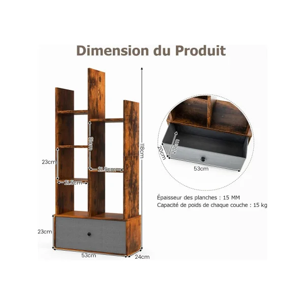 Bibliothèque Brun 118 cm Meuble Livres 7 Etagères 1 Rangement Design