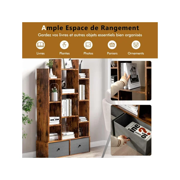 Bibliothèque Brun 132 cm Meuble Livres 12 Etagères 2 Rangements Design