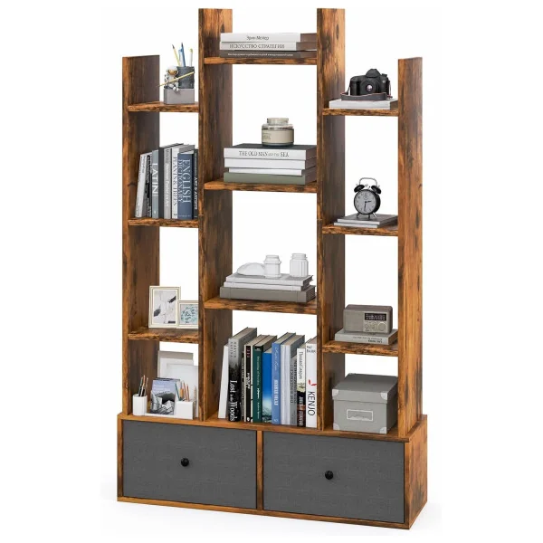 Bibliothèque Brun 132 cm Meuble Livres 12 Etagères 2 Rangements Design