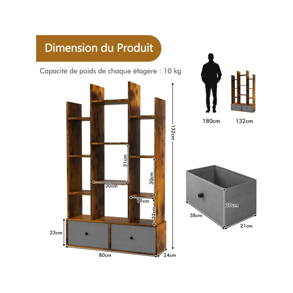 Bibliothèque Brun 132 cm Meuble Livres 12 Etagères 2 Rangements Design