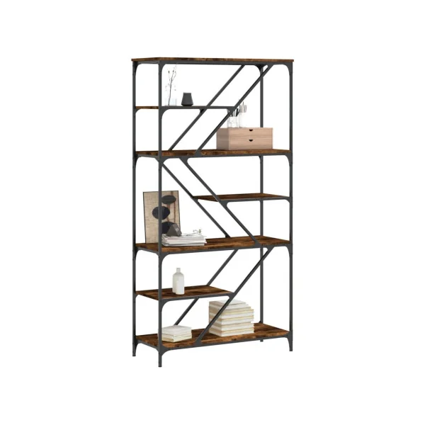 Bibliothèque Chêne Fumé Industrielle Etagère 6 niveaux Meuble rangement Salon