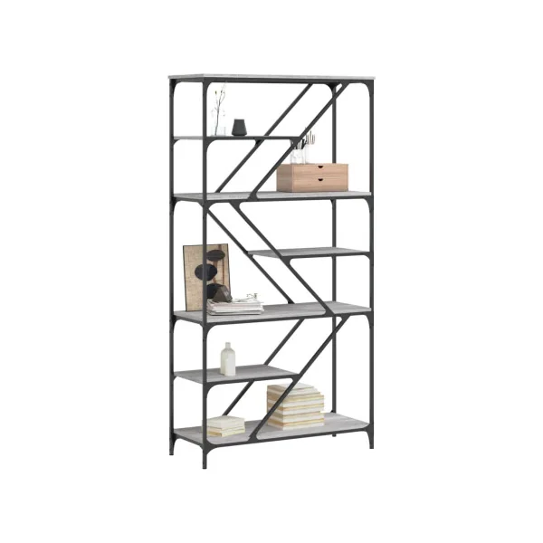 Bibliothèque Chêne Gris Industrielle Etagère 6 niveaux Meuble rangement Salon