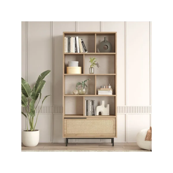 Bibliothèque de Salon Chêne et Rotin Meuble Rangement avec Pieds Métal 9 Compartiments