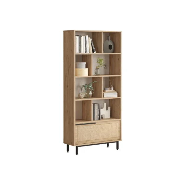 Bibliothèque de Salon Chêne et Rotin Meuble Rangement avec Pieds Métal 9 Compartiments
