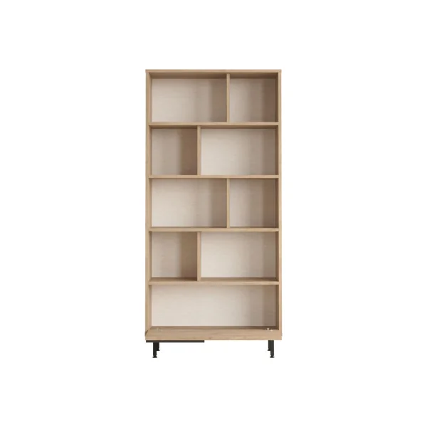 Bibliothèque de Salon Chêne et Rotin Meuble Rangement avec Pieds Métal 9 Compartiments