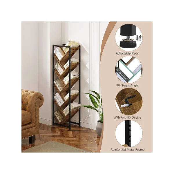 Bibliothèque en Forme d'arbre Brun Noir Étagère Rangement Étagère Livre à 10 Niveaux Design Ouvert