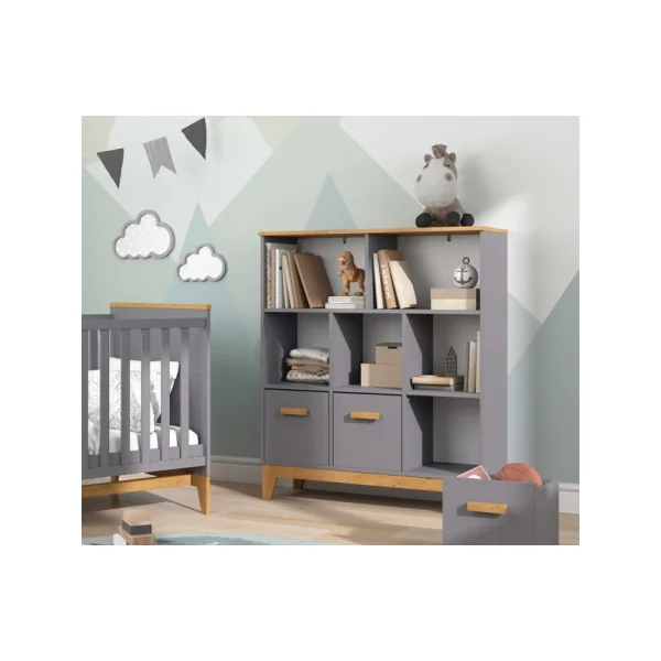 Bibliothèque Enfant Grise 5 Compartiments 3 Caissons Etagère à Livres pour Enfant Meuble Rangement Chambre