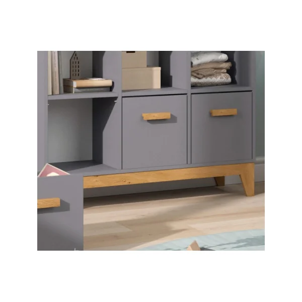 Bibliothèque Enfant Grise 5 Compartiments 3 Caissons Etagère à Livres pour Enfant Meuble Rangement Chambre