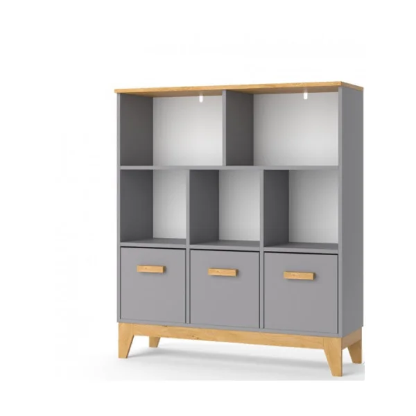 Bibliothèque Enfant Grise 5 Compartiments 3 Caissons Etagère à Livres pour Enfant Meuble Rangement Chambre