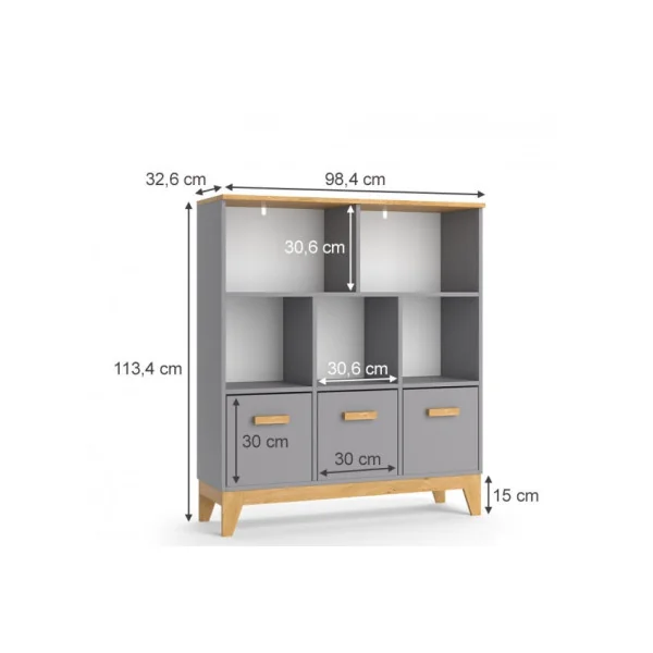 Bibliothèque Enfant Grise 5 Compartiments 3 Caissons Etagère à Livres pour Enfant Meuble Rangement Chambre