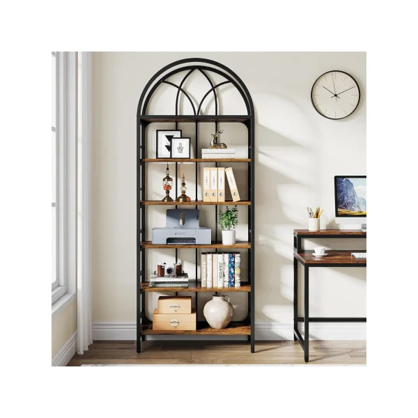 Bibliothèque Industrielle 6 niveaux 200 cm Meuble rangement Etagère industrielle Arquée Métal et Marron