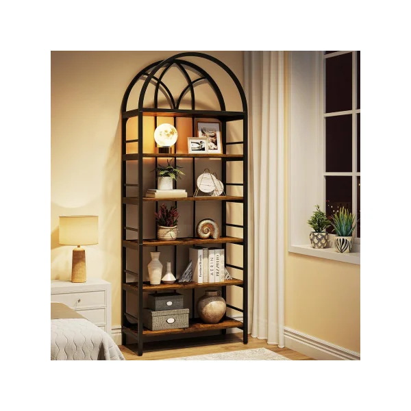 Bibliothèque Industrielle 6 niveaux 200 cm Meuble rangement Etagère industrielle Arquée Métal et Marron