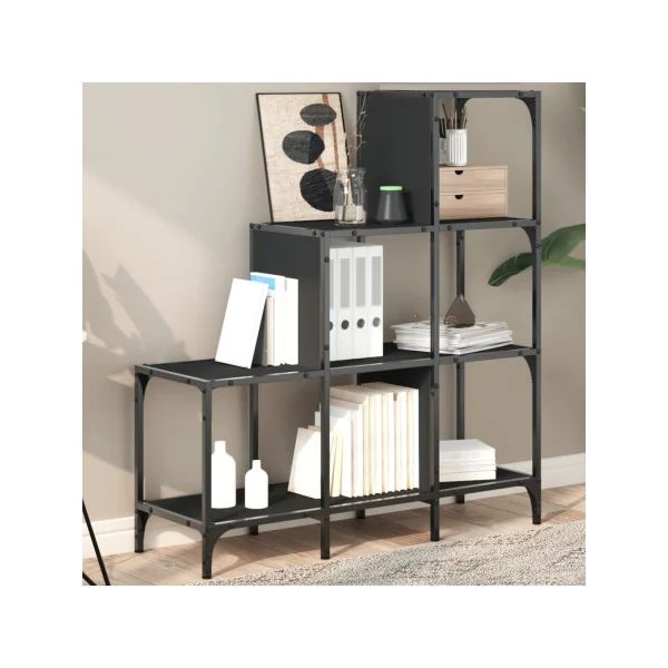 Bibliothèque Industrielle Escalier Noir 102 cm Meuble Rangement Etagère Industrielle Métal Bois