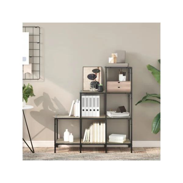 Bibliothèque Industrielle Escalier Noir et Chêne 102 cm Meuble Rangement Etagère Industrielle Métal Bois