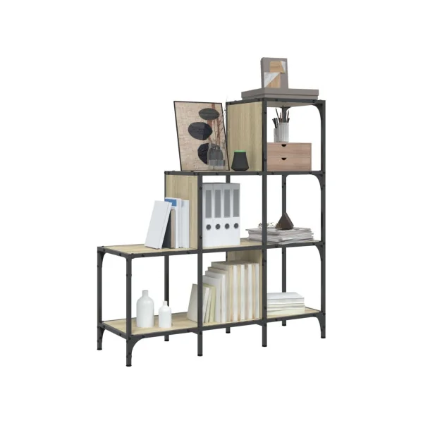 Bibliothèque Industrielle Escalier Noir et Chêne 102 cm Meuble Rangement Etagère Industrielle Métal Bois