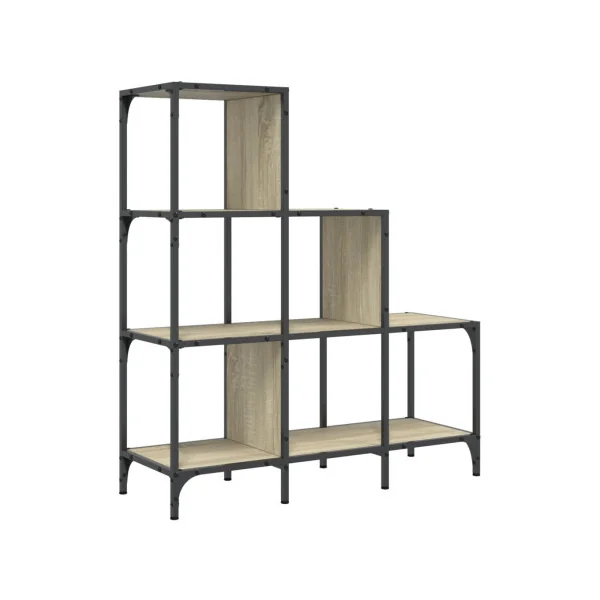 Bibliothèque Industrielle Escalier Noir et Chêne 102 cm Meuble Rangement Etagère Industrielle Métal Bois