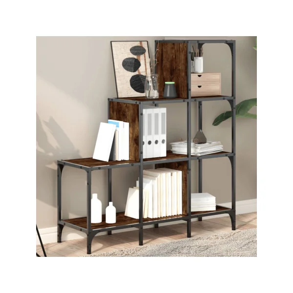 Bibliothèque Industrielle Escalier Noir et Chêne Fumé 102 cm Meuble Rangement Etagère Industrielle Métal Bois