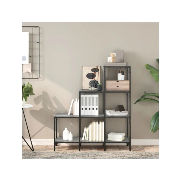 Bibliothèque Industrielle Escalier Noir et Chêne Gris 102 cm Meuble Rangement Etagère Industrielle Métal Bois