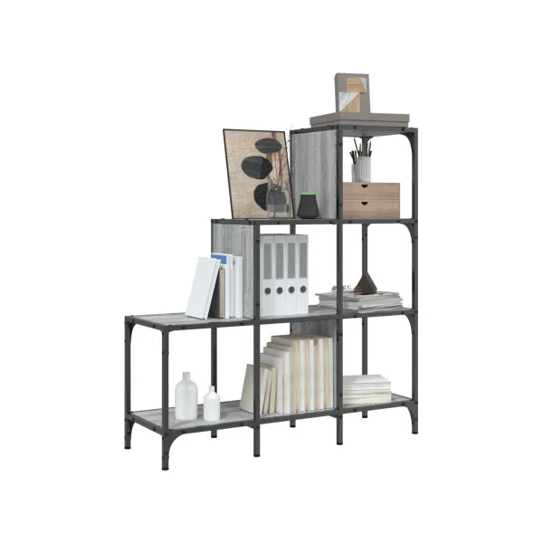 Bibliothèque Industrielle Escalier Noir et Chêne Gris 102 cm Meuble Rangement Etagère Industrielle Métal Bois