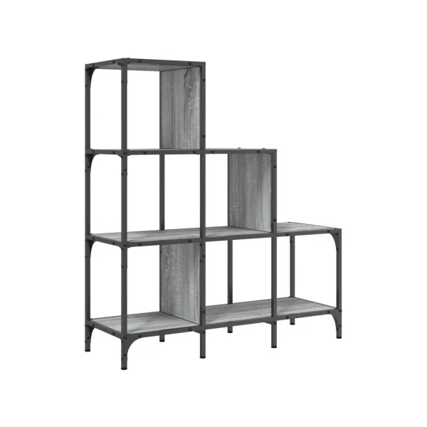 Bibliothèque Industrielle Escalier Noir et Chêne Gris 102 cm Meuble Rangement Etagère Industrielle Métal Bois