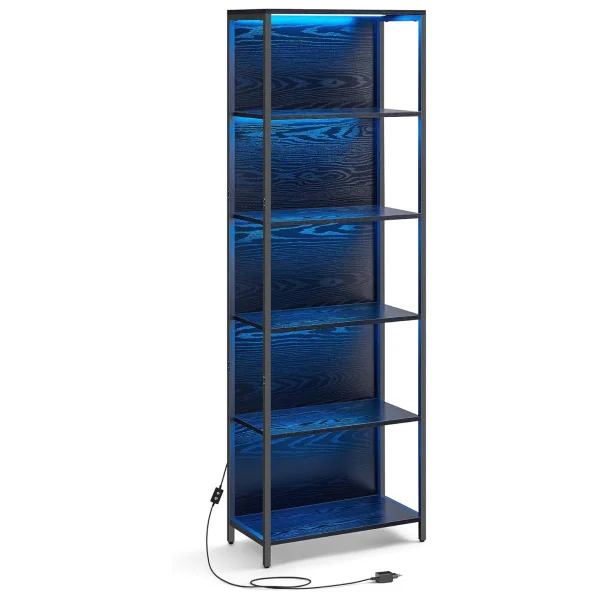 Bibliothèque LED 5 Niveaux Noir Boisé Meuble de Rangement en Métal et Bois
