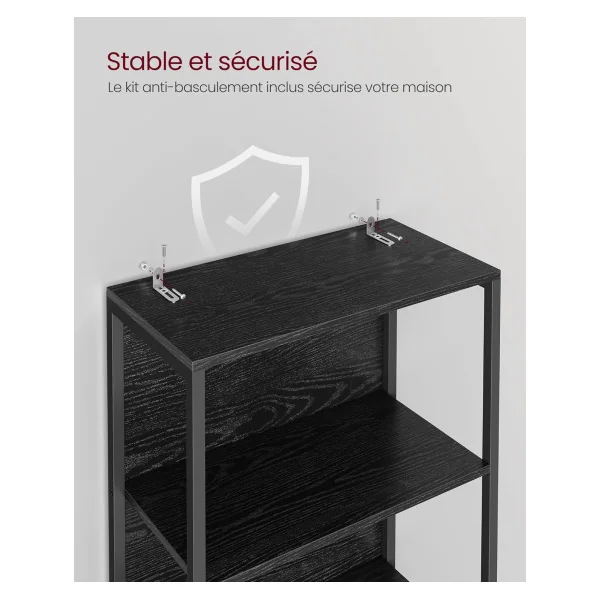 Bibliothèque LED 5 Niveaux Noir Boisé Meuble de Rangement en Métal et Bois