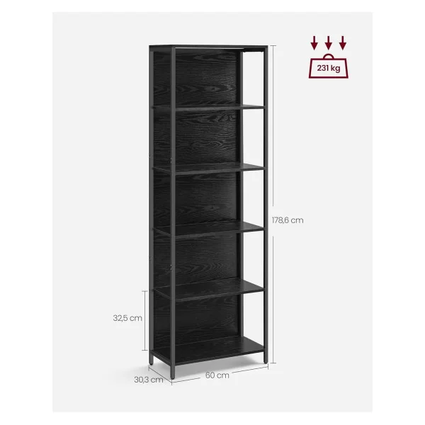 Bibliothèque LED 5 Niveaux Noir Boisé Meuble de Rangement en Métal et Bois