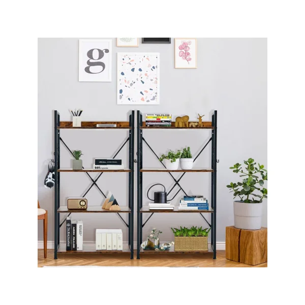 Bibliothèque Multifonctionnelle Métal et Bois Antique 120 cm Étagère Industrielle à 4 Niveaux