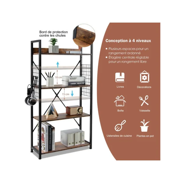 Bibliothèque Multifonctionnelle Métal et Bois Antique 120 cm Étagère Industrielle à 4 Niveaux