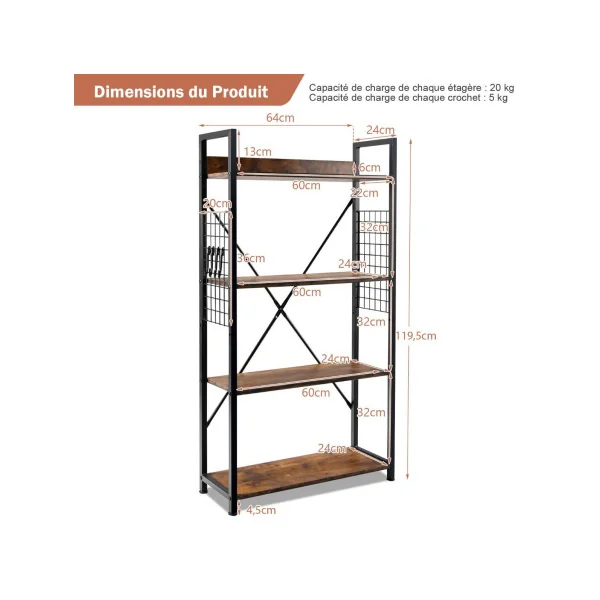 Bibliothèque Multifonctionnelle Métal et Bois Antique 120 cm Étagère Industrielle à 4 Niveaux