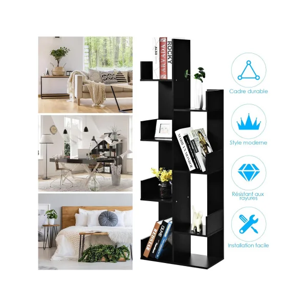 Bibliothèque Noir 145 cm Meuble Livres 8 Etagères Design