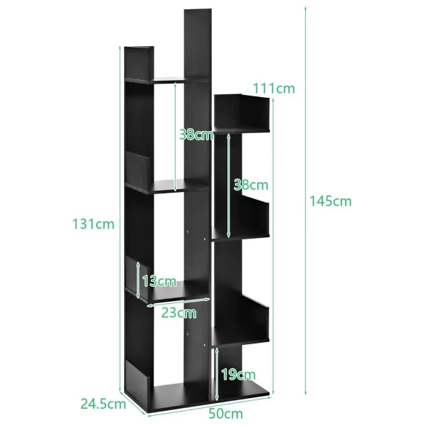 Bibliothèque Noir 145 cm Meuble Livres 8 Etagères Design