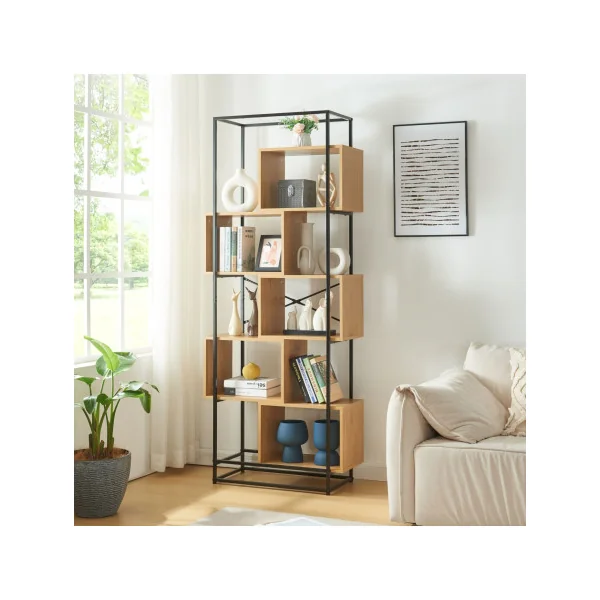 Bibliothèque Noir et Chêne 194 cm Rangement Livres CD DVD 5 Compartiments
