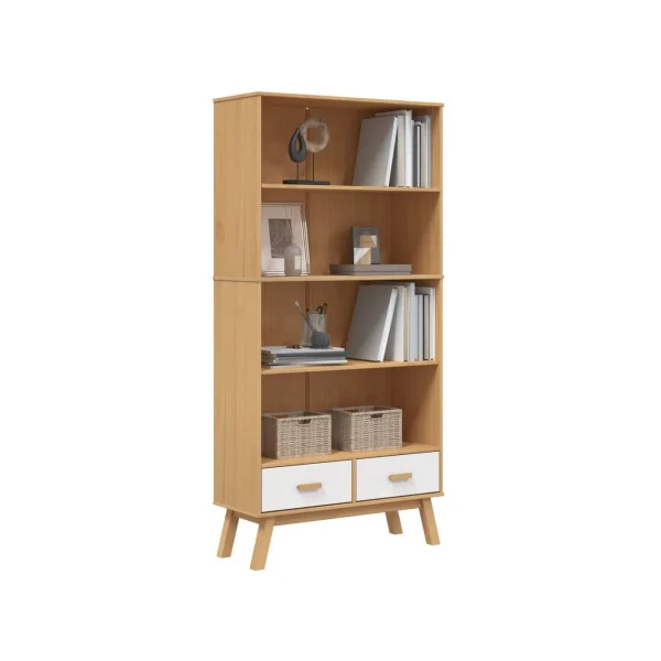 Bibliothèque Pin Massif Blanc Marron 4 Etagères 2 Tiroirs Meuble Rangement Moderne Buffet de Salon