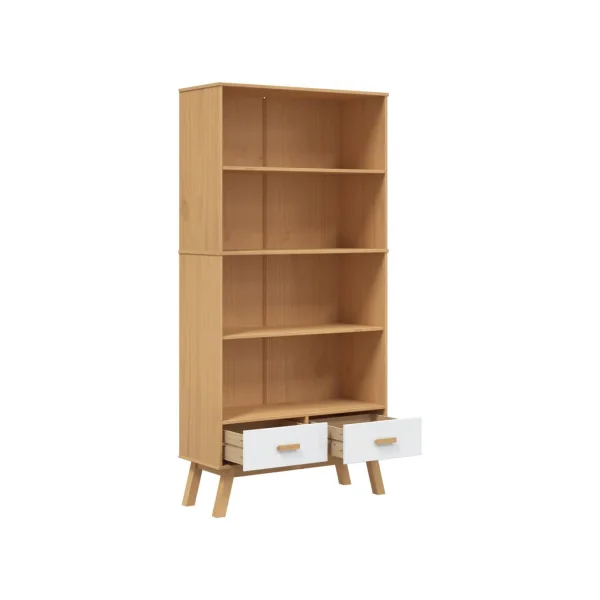 Bibliothèque Pin Massif Blanc Marron 4 Etagères 2 Tiroirs Meuble Rangement Moderne Buffet de Salon