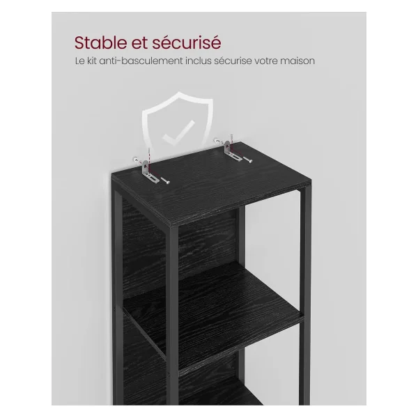 Bibliothèque PM LED 5 Niveaux Noir Boisé Meuble de Rangement en Métal et Bois