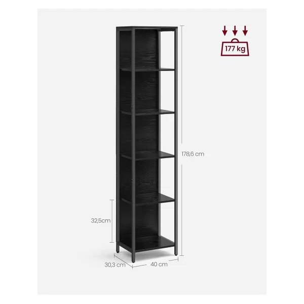 Bibliothèque PM LED 5 Niveaux Noir Boisé Meuble de Rangement en Métal et Bois
