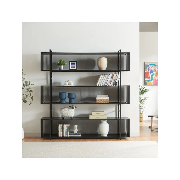 Bibliothèque Sur Pied 3 Niveaux Moderne Noir Industrielle Etagère Meuble Rangement Salon